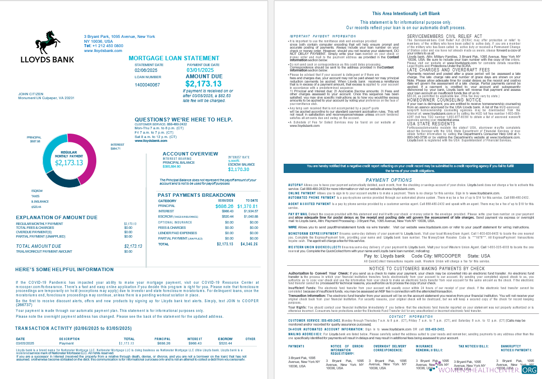 Download USA Lloyds bank mortgage loan statement in Word and PDF formats , 4 pages 1 2 Photoshop template
